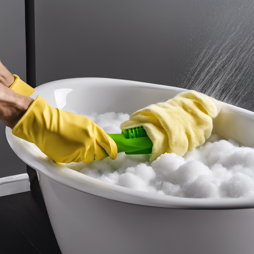An image capturing the process of deep cleaning a bathtub: a pair of gloved hands scrubbing away grime with a stiff brush, surrounded by a cloud of foamy cleaner and water, leaving the surface sparkling and pristine