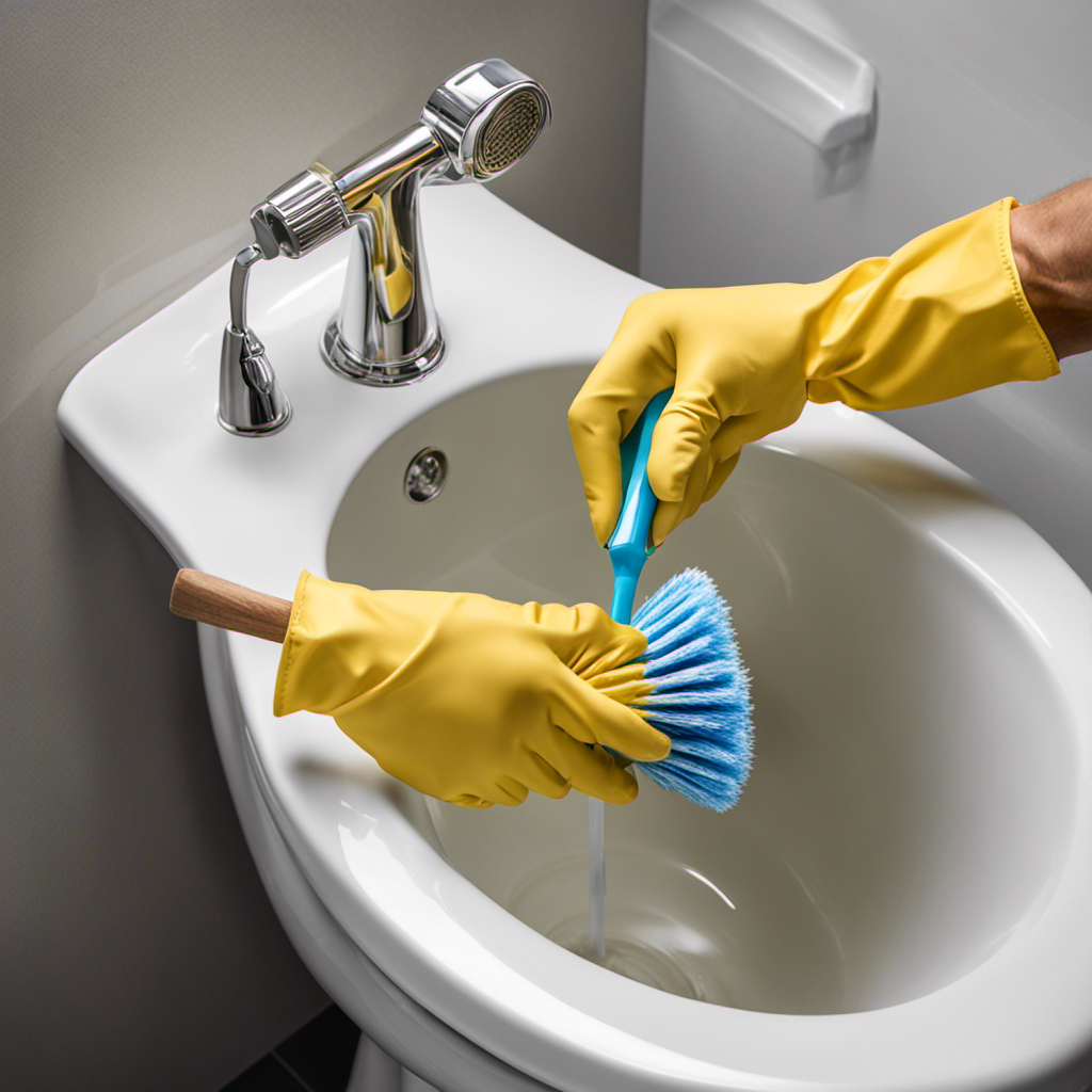 An image showcasing a pair of gloved hands vigorously scrubbing a stained toilet bowl with a powerful brush, while a sparkling clean toilet brush and disinfectant spray rest nearby