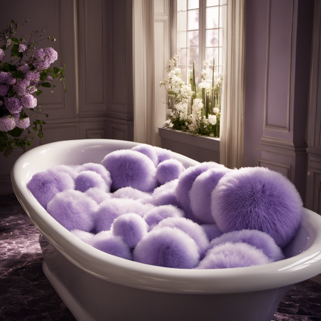 An image showcasing a pile of fluffy pillows immersed in a sparkling bathtub filled with warm, soapy water