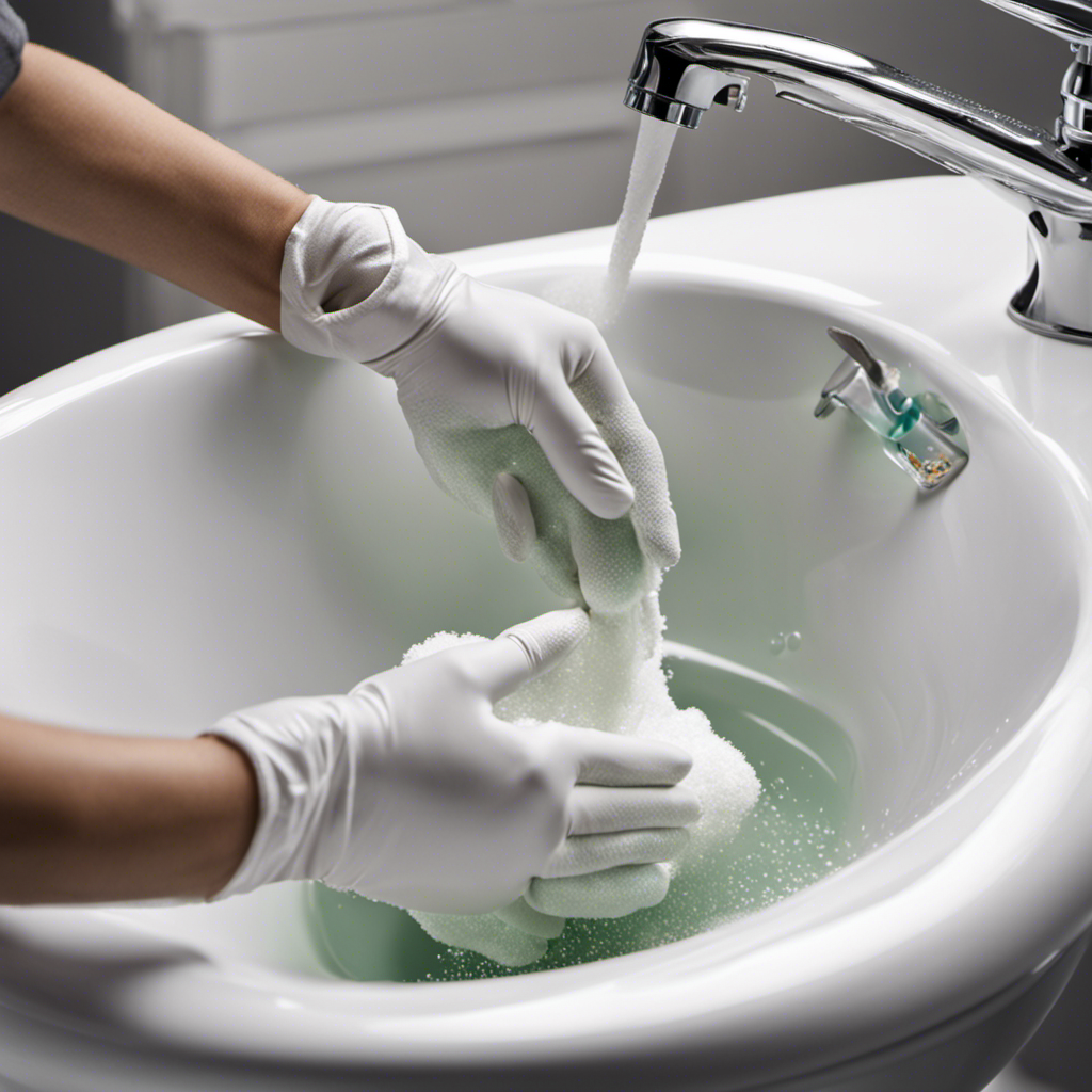 An image showcasing a pair of gloved hands meticulously scrubbing a sparkling white toilet bowl, with bubbles of foamy cleaner clinging to its surface