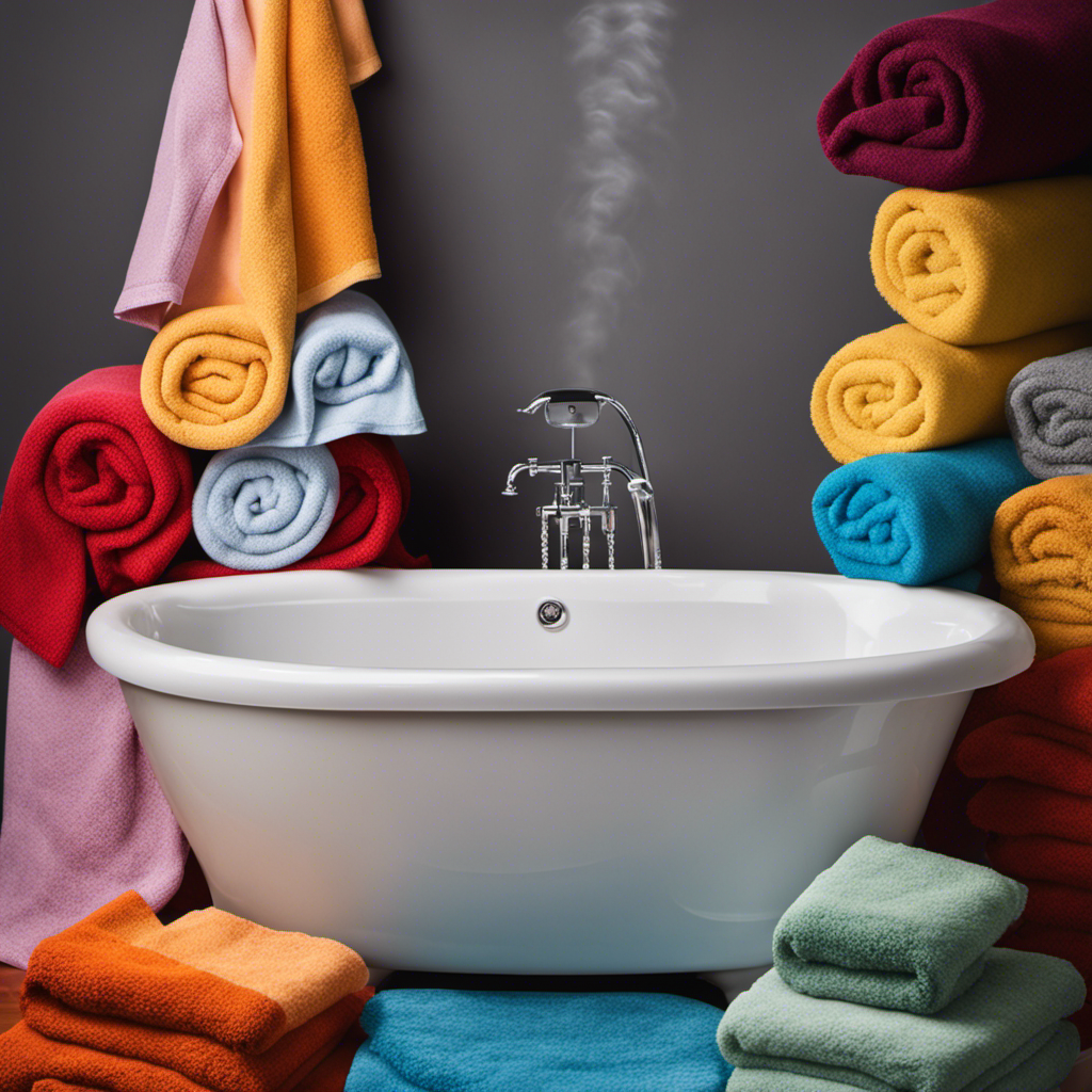 An image depicting a pristine white bathtub filled with warm water, surrounded by an array of colorful towels