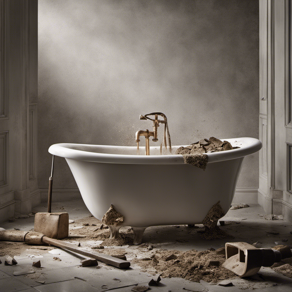 An image capturing the step-by-step process of demoing a bathtub: a pair of gloved hands gripping a sledgehammer, poised to strike the aged porcelain surface, surrounded by scattered debris and shards of tile
