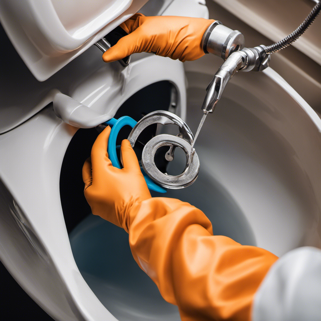 An image of a person wearing gloves and using a wrench to loosen the water supply line from the bottom of a toilet tank