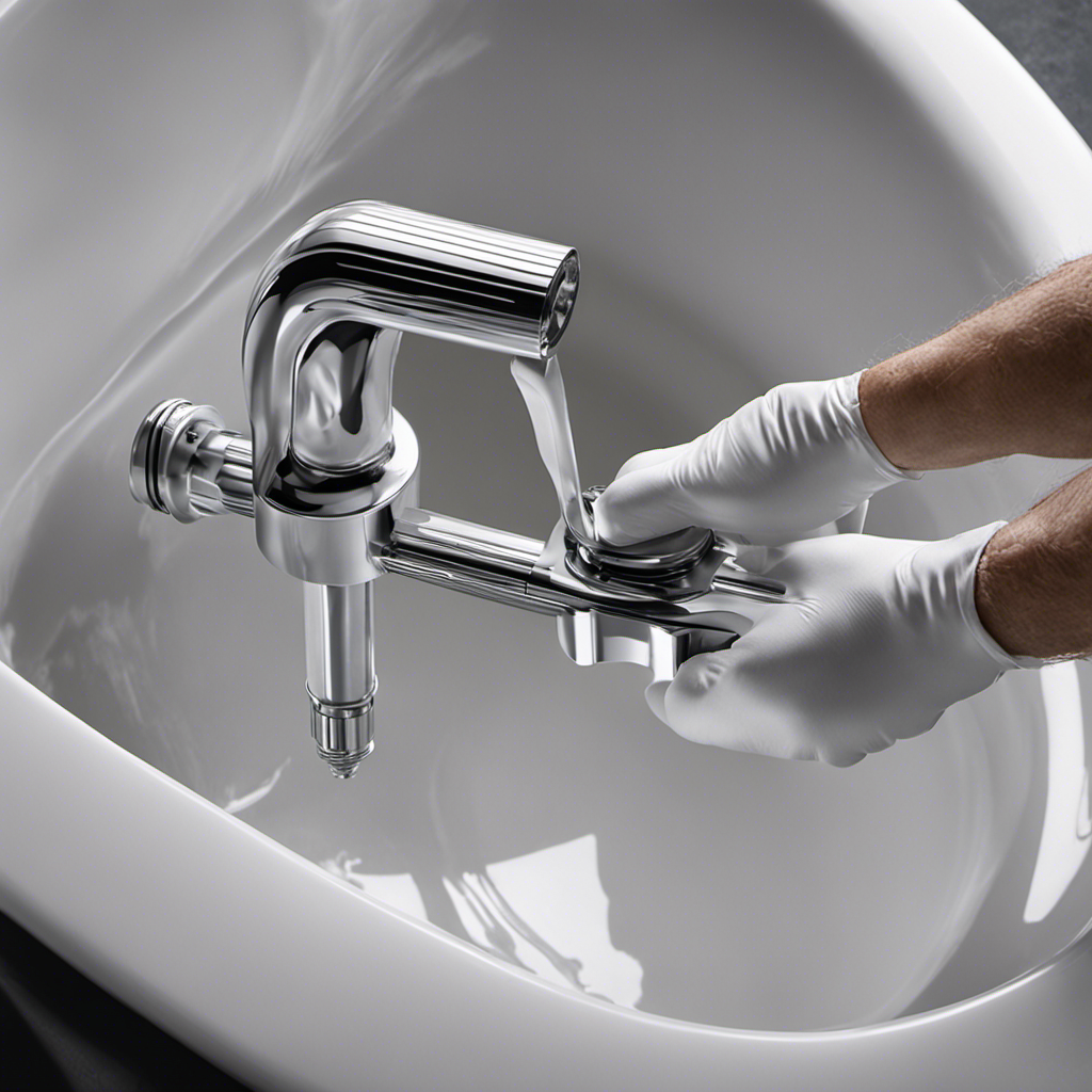 An image capturing a pair of gloved hands gripping a sleek, silver drain stopper lifter tool