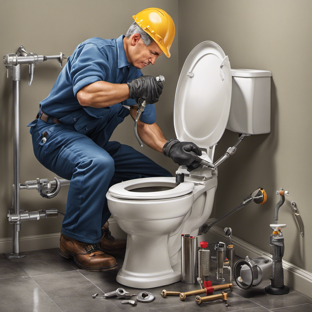 An image showcasing a pair of gloved hands firmly gripping a wrench, applying pressure to loosen the bolts connecting a toilet to the floor