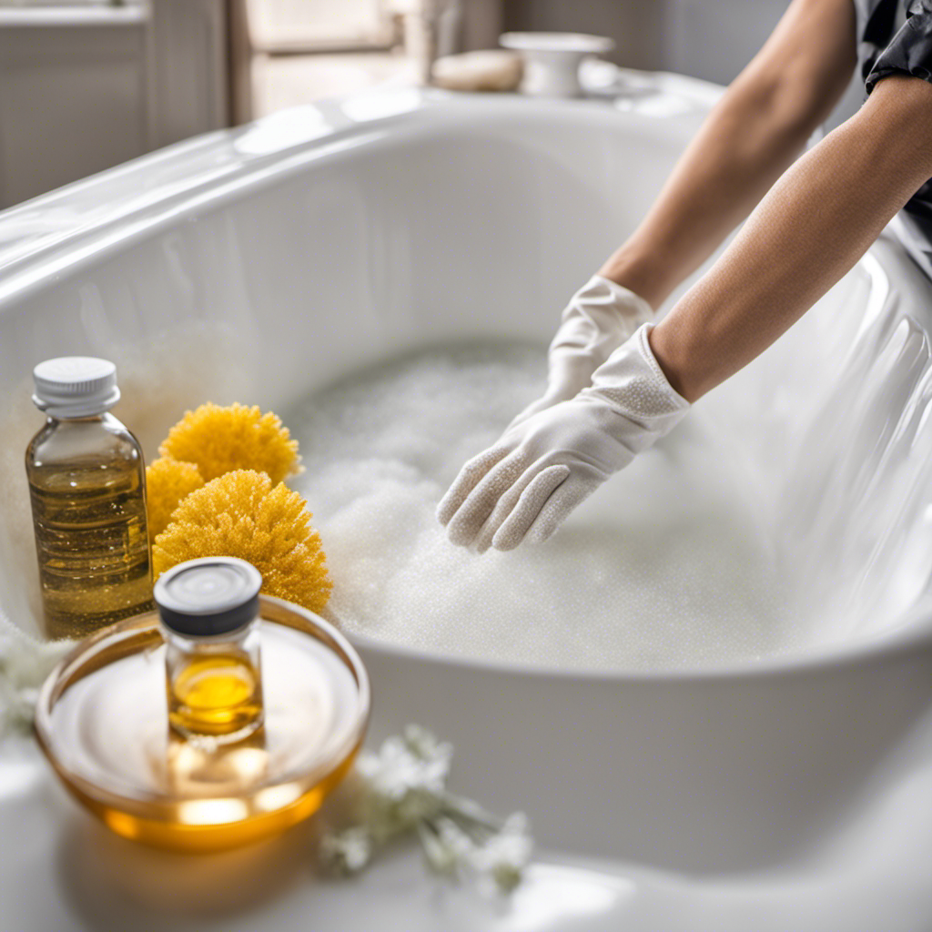 An image showcasing a sparkling white bathtub, surrounded by natural cleaning supplies like vinegar, baking soda, and essential oils