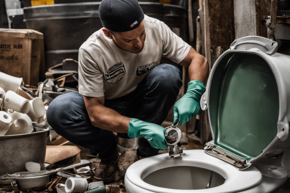 An image that shows a person wearing gloves, dismantling an old toilet with a wrench, while a recycling bin labeled "porcelain" sits nearby