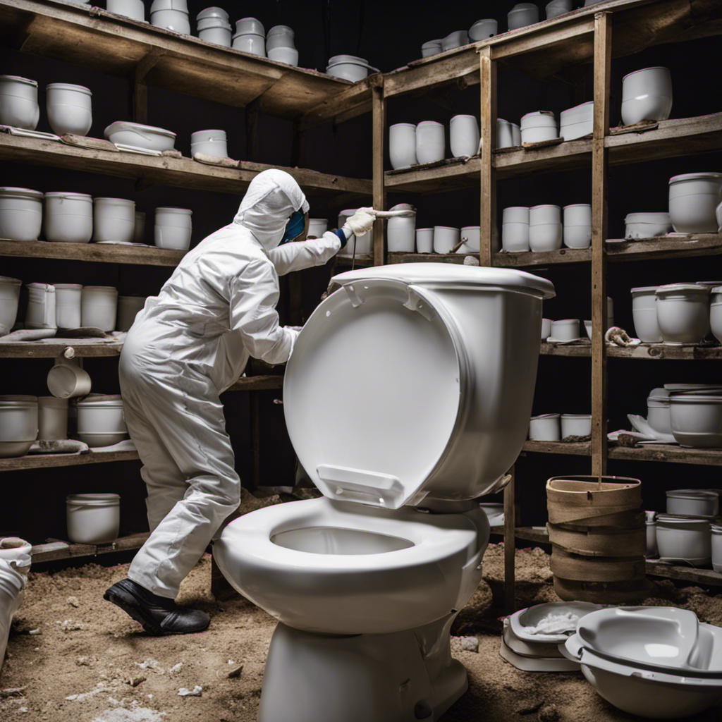 An image capturing the process of disposing an old toilet: a person wearing protective gloves dismantling the porcelain fixture, separating the tank and bowl, and placing them in separate labeled recycling bins