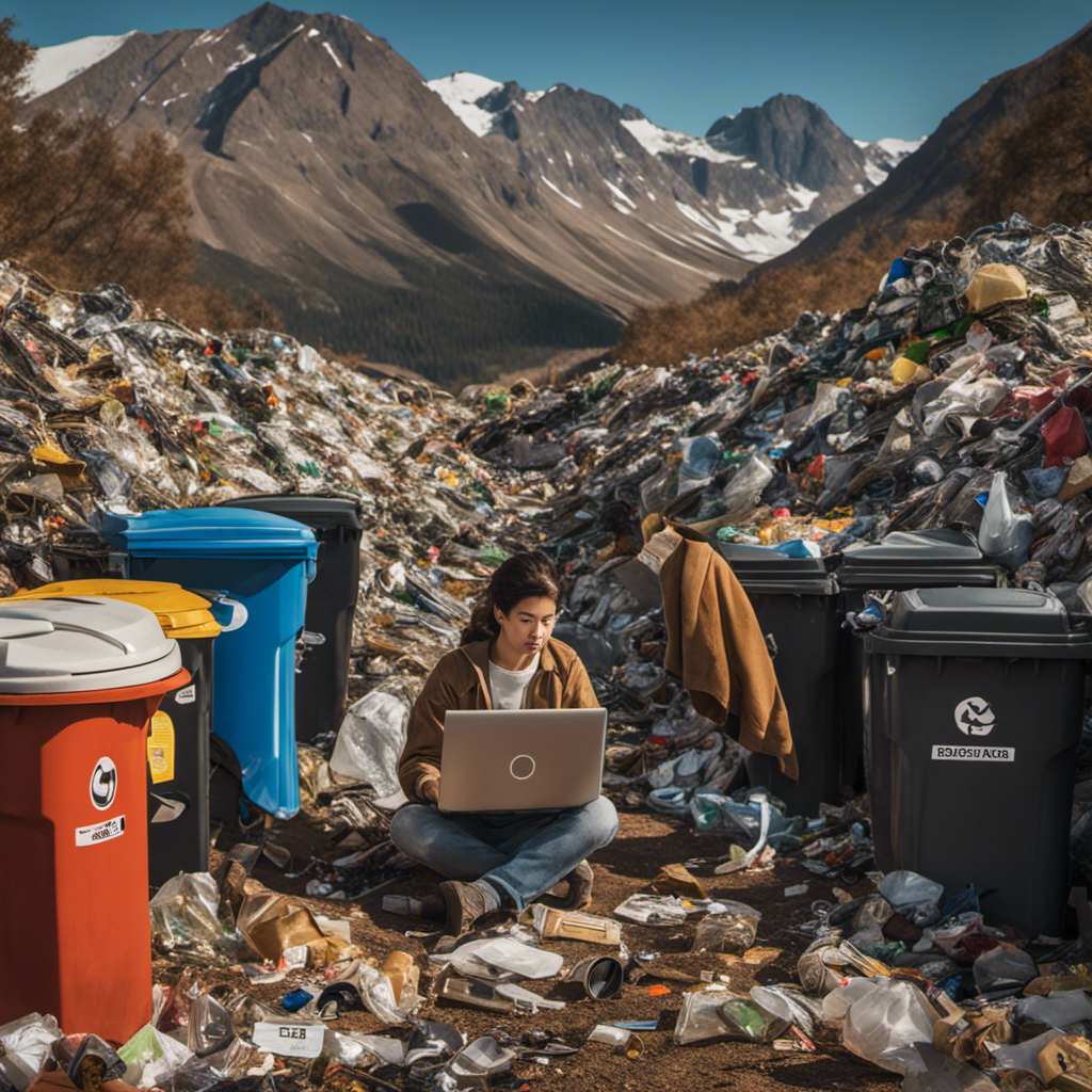 An image featuring a person holding an old toilet and researching on a laptop, surrounded by recycling bins and trash cans labeled with local disposal regulations