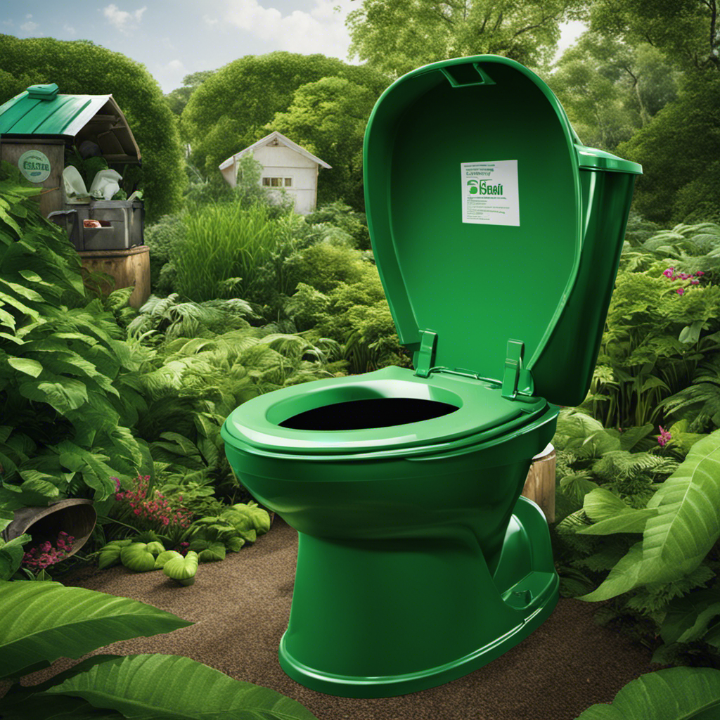 An image showcasing a person carefully dismantling an old toilet, separating its parts into labelled recycling bins, with a backdrop of lush greenery, emphasizing responsible disposal practices