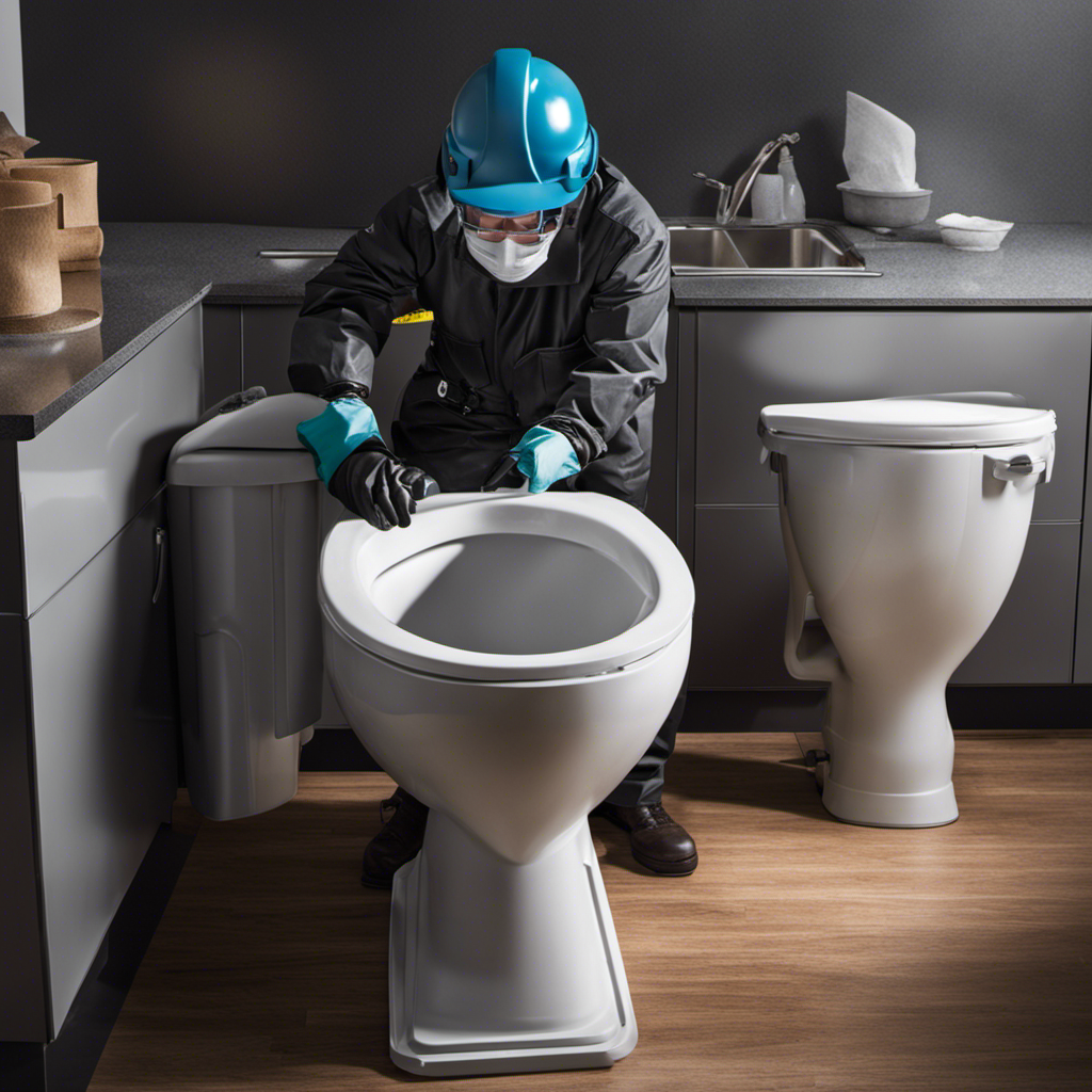An image capturing a person wearing heavy-duty gloves and safety goggles, carefully lifting a toilet off the ground, while placing it securely into a reinforced trash bag, ensuring a safe disposal process