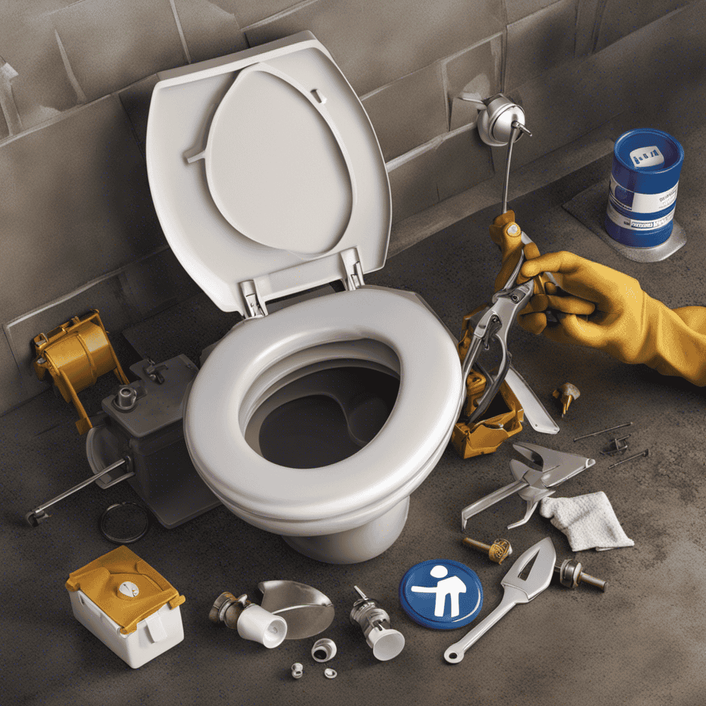 An image showcasing a person wearing protective gloves and using a wrench to disconnect a toilet from the plumbing, followed by them carrying the toilet outside, placing it gently on a tarp, and finally, an illustration of a recycling symbol indicating proper disposal