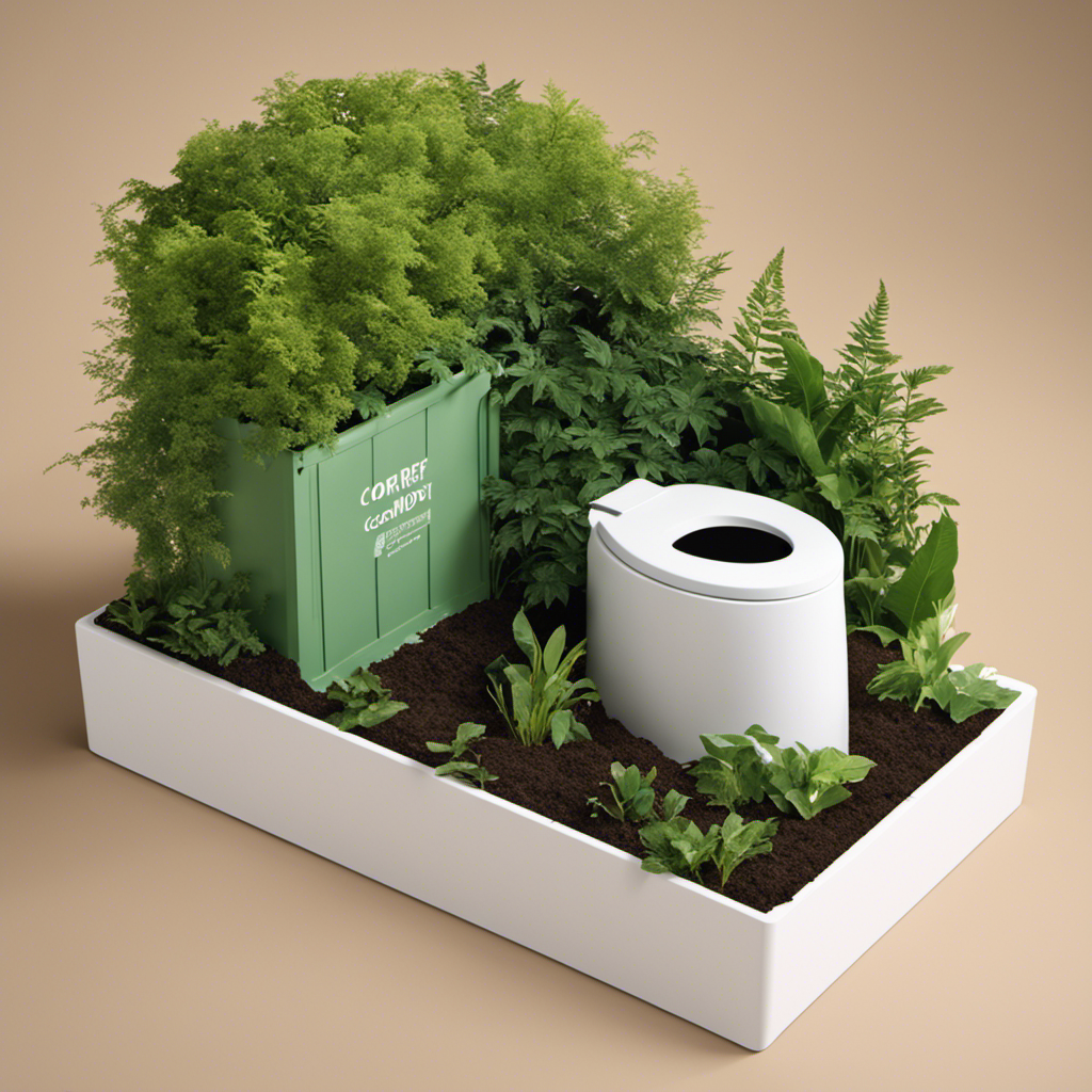 An image depicting a person carefully placing a used toilet into a designated compost bin, surrounded by lush greenery