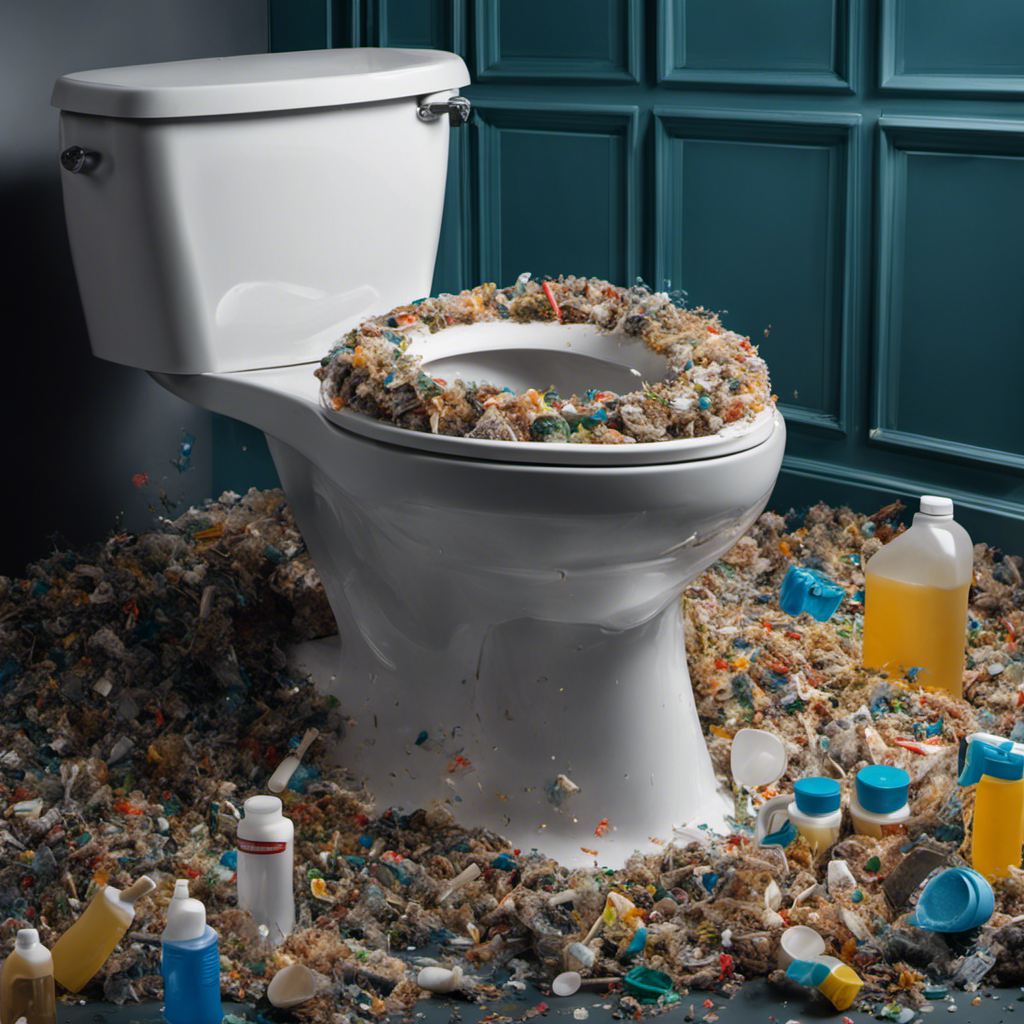 An image depicting a close-up view of a toilet bowl filled with plastic debris, with a person wearing protective gloves and using a long-handled brush to apply a powerful chemical solution, causing the plastic to dissolve gradually