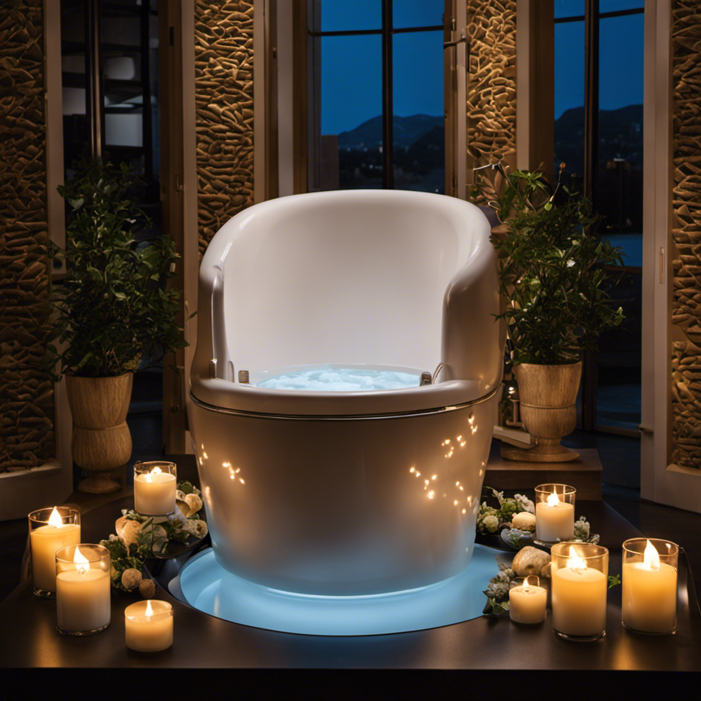 An image showcasing a person comfortably seated on a specially designed portable sitz bath chair, with a basin filled with warm water beneath them, surrounded by calming candles and soothing essential oils