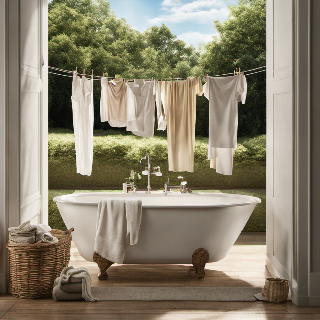 An image of a serene bathroom scene, with a filled bathtub showcasing clothes gently soaking in soapy water