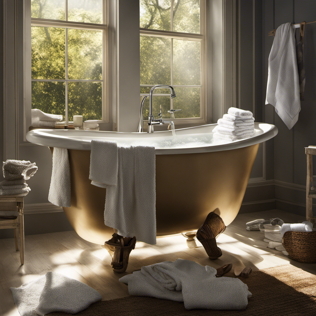 An image capturing a serene bathroom scene: a pair of hands gently scrubbing clothes in soapy water-filled bathtub, clothesline hung across, sunlight streaming through a nearby window, and a stack of neatly folded towels