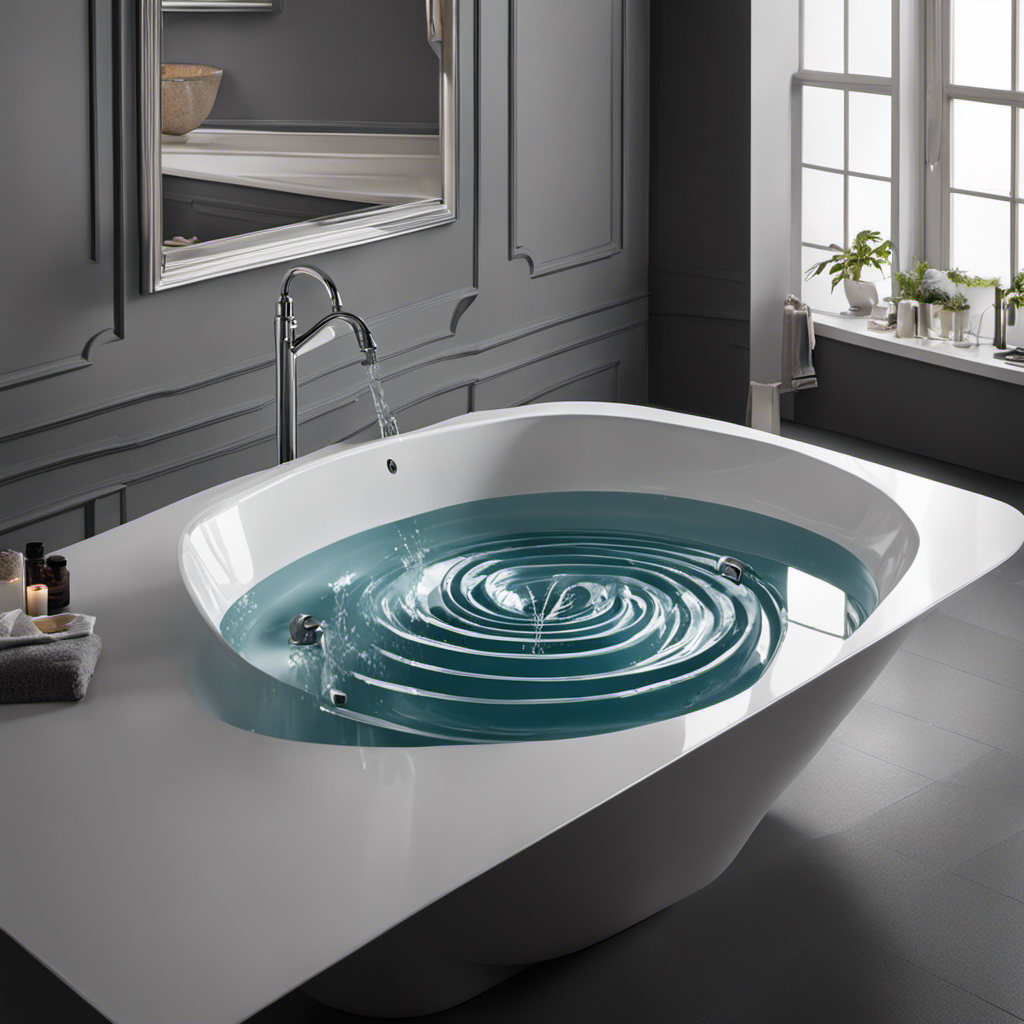 An image capturing the process of draining a bathtub: a hand turning the silver drain stopper counterclockwise, water swirling down the drain, motion lines indicating the flow, and a serene bathroom backdrop