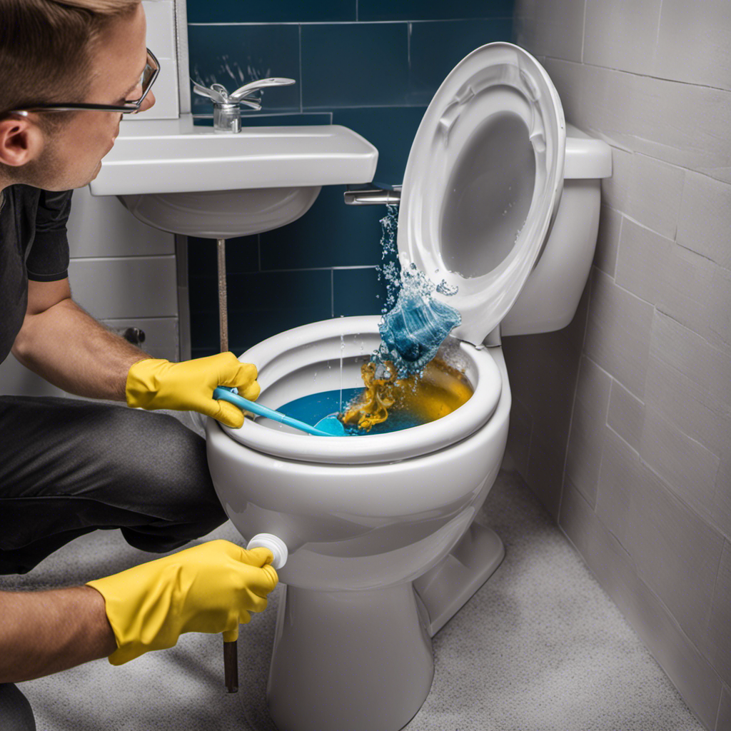 An image showcasing a step-by-step guide for unclogging a toilet: a person wearing rubber gloves, using a plunger with force, water swirling inside the bowl, and a clear drainpipe indicating a successful outcome