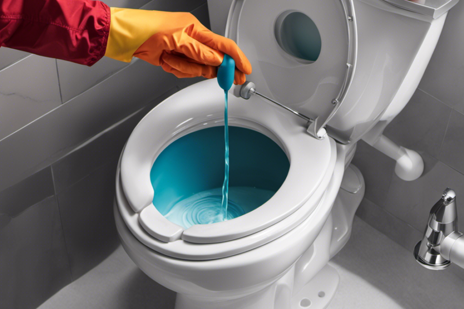 An image showcasing a step-by-step guide on draining a full toilet bowl: a person wearing gloves, holding a plunger, removing excess water with a bucket, and finally, flushing the toilet