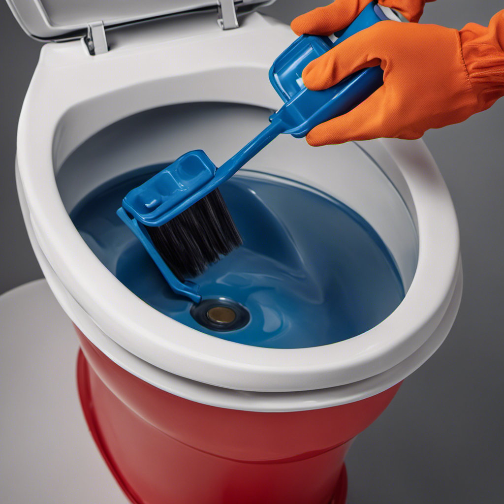 An image showcasing a step-by-step guide on draining a toilet bowl: a person wearing gloves, gripping a wrench, loosening the water supply valve; water flowing through a hose into a bucket placed below the bowl