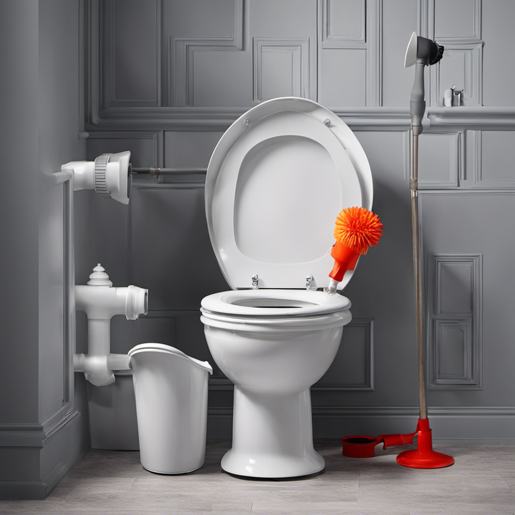An image capturing the step-by-step process of draining a toilet for removal: showcase a gloved hand gripping a plunger, plunging forcefully into the water while an empty bucket waits to collect the liquid waste