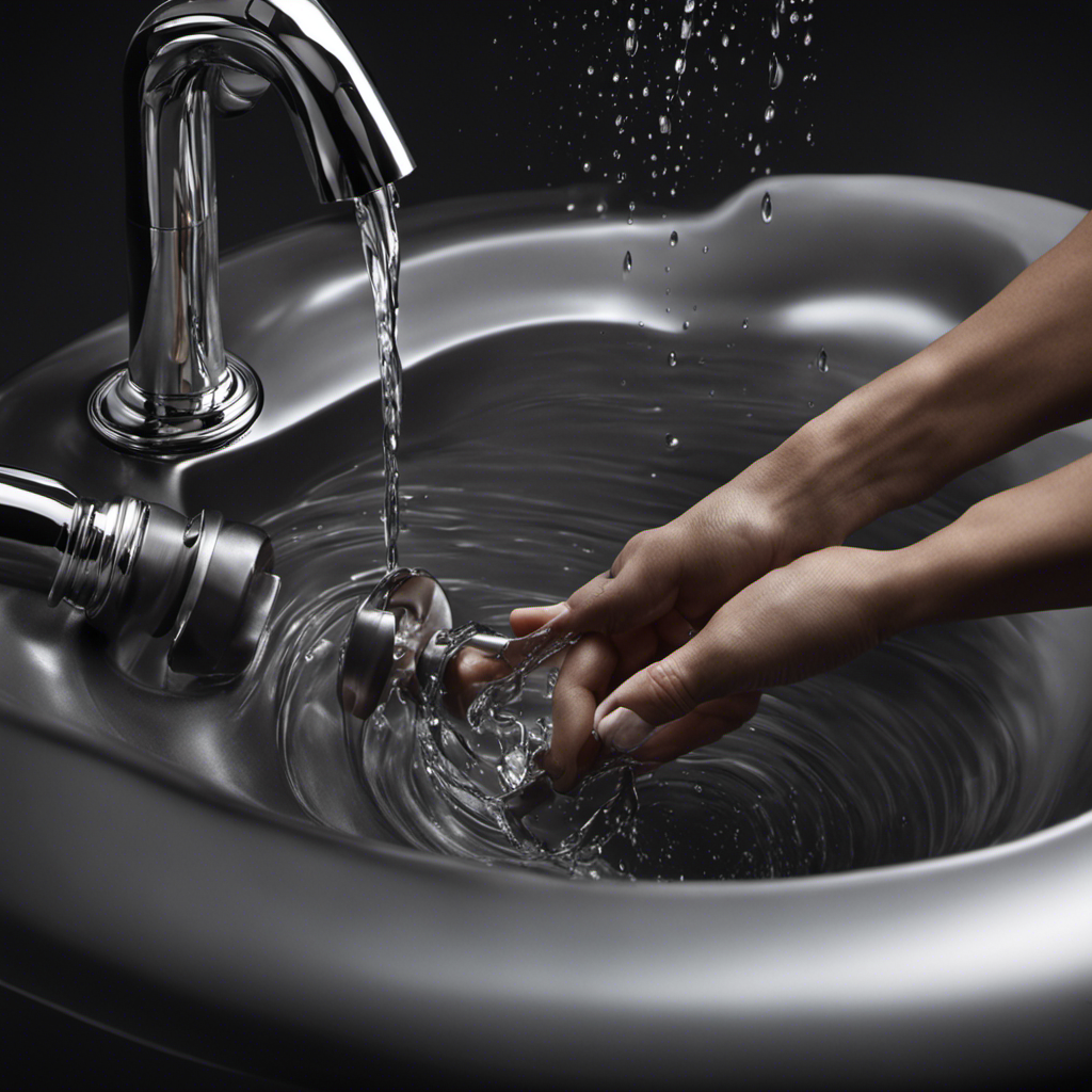 An image depicting a step-by-step guide on draining a bathtub: hands gripping a silver stopper, gradually lifting it out to reveal swirling water spiraling down the drain, with droplets splashing and disappearing into the darkness below