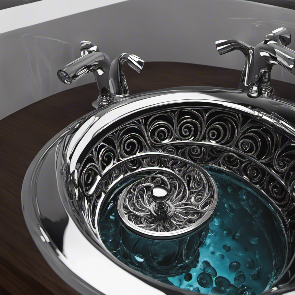 An image revealing a pair of hands gripping the chrome drain plug, a swirling vortex forming beneath it