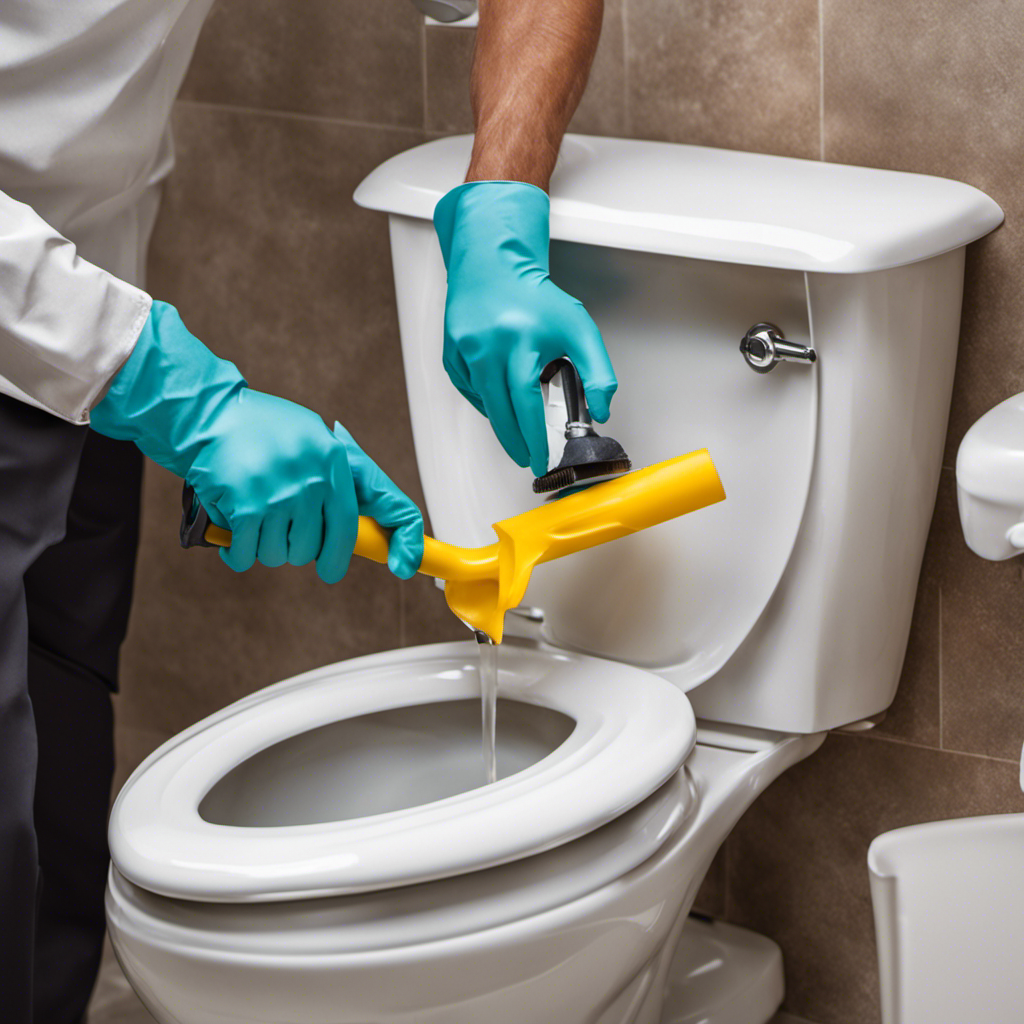 An image showcasing a step-by-step guide on draining a toilet bowl: a person wearing rubber gloves, holding a plunger, removing the tank lid, and using a wrench to unscrew the water valve