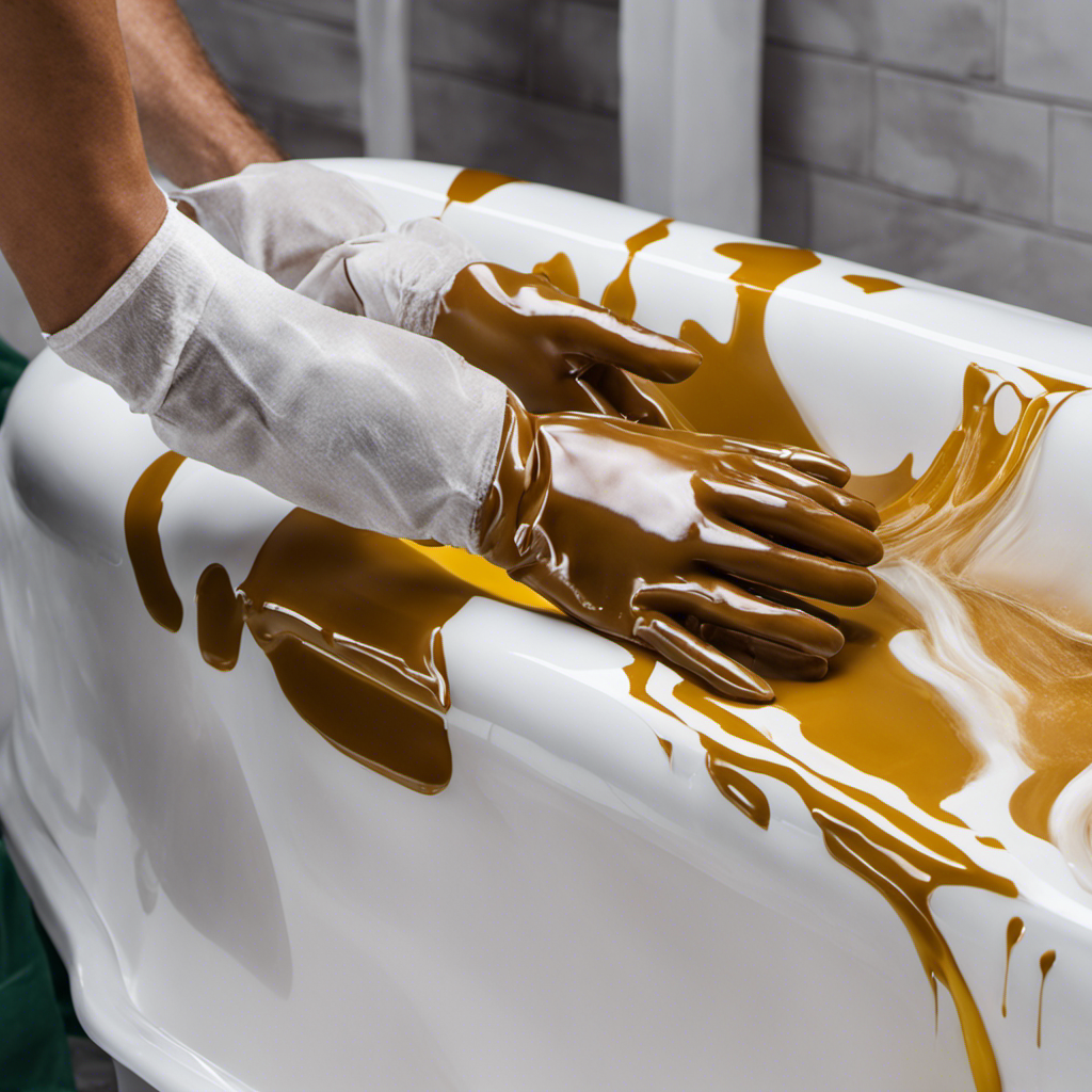 An image showcasing a pair of gloved hands carefully applying a glossy layer of epoxy to a worn-out bathtub surface, capturing the transformation process from dull to smooth and shiny