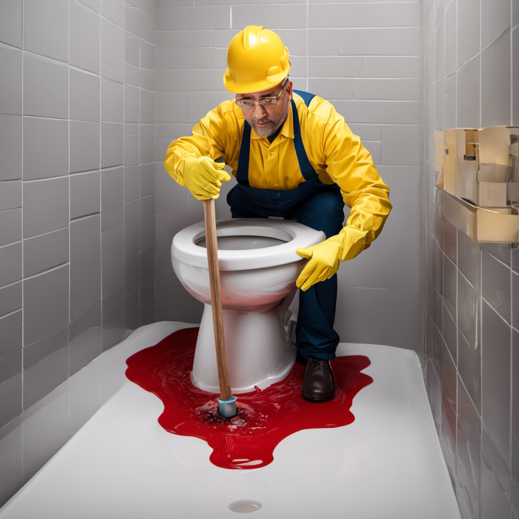 An image showcasing a person wearing rubber gloves, using a plunger to unclog a toilet filled with water and tissue