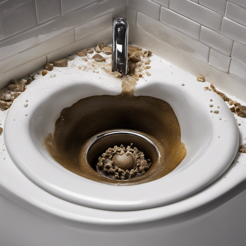 An image that showcases a close-up view of a clogged bathtub drain, with a combination of hair, soap scum, and debris blocking the flow