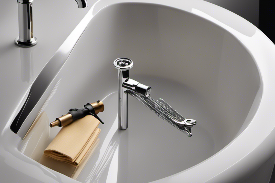 An image showcasing a close-up view of a detached bathtub faucet handle, revealing the internal set screw, valve stem, and escutcheon plate, surrounded by tools like pliers, an Allen wrench, and a screwdriver