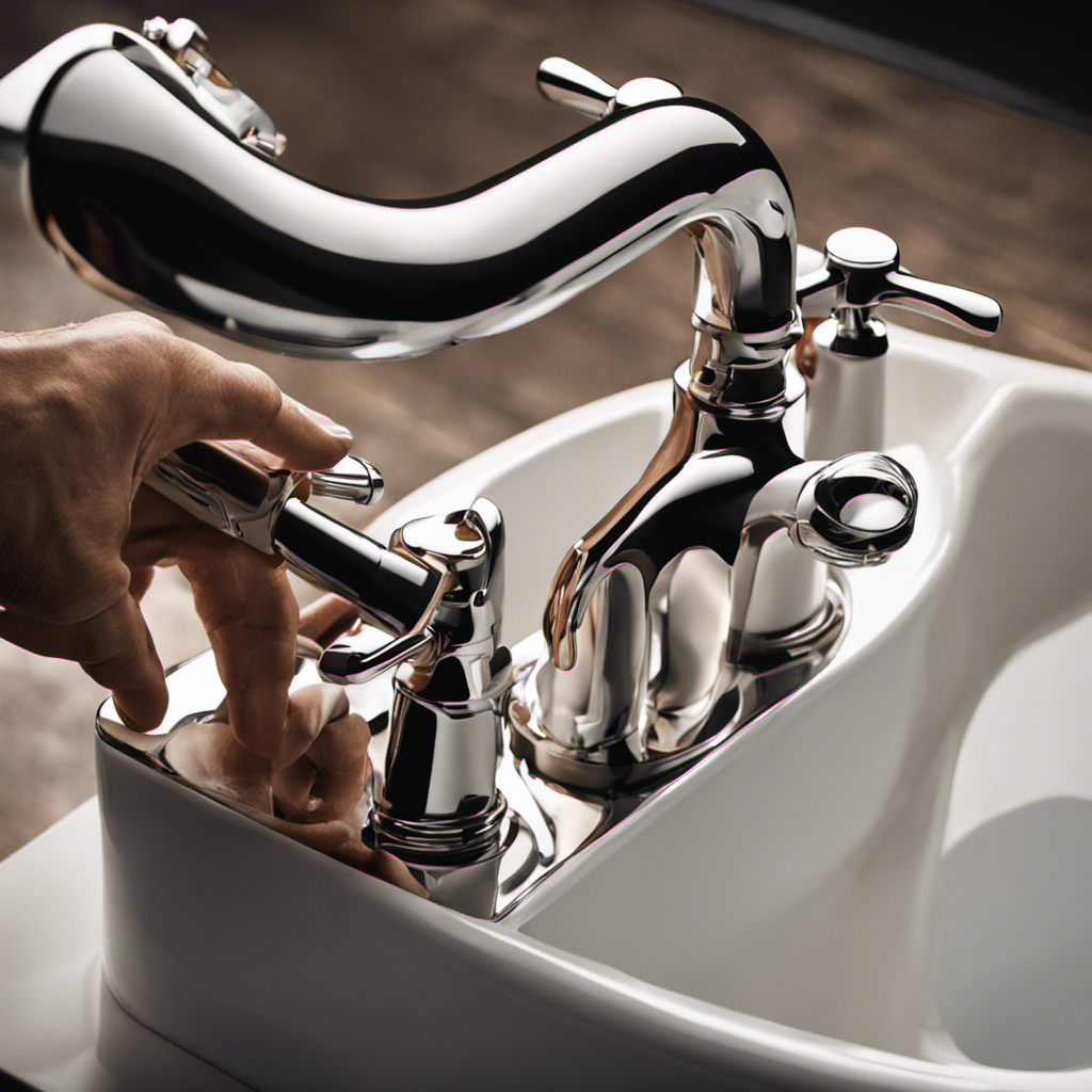 An image showcasing a close-up view of skilled hands disassembling a bathtub faucet, revealing the intricate inner mechanisms