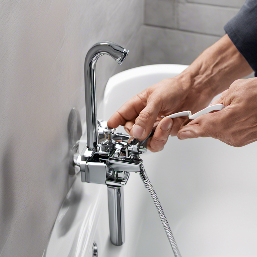 An image depicting a step-by-step guide on fixing a bathtub shower diverter: hands gripping pliers, removing the diverter valve, replacing it with a new one, and finally, turning on the water to test for functionality