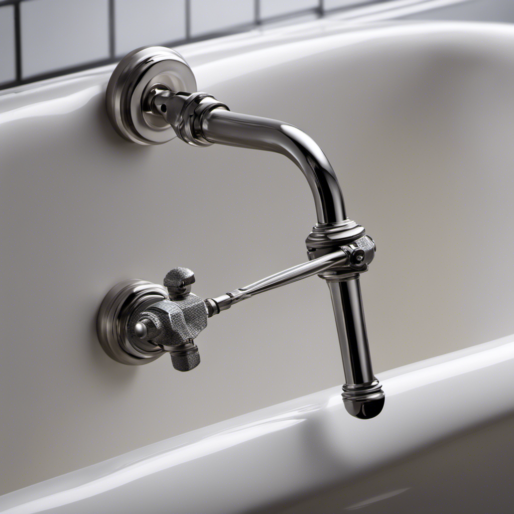 An image showcasing a pair of gloved hands firmly gripping a wrench, positioned on a bathtub faucet handle