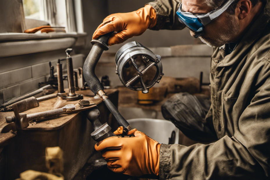 An image showcasing a pair of gloved hands wearing safety goggles, holding a wrench and a pipe cutter, while demonstrating the step-by-step process of fixing a broken bathtub