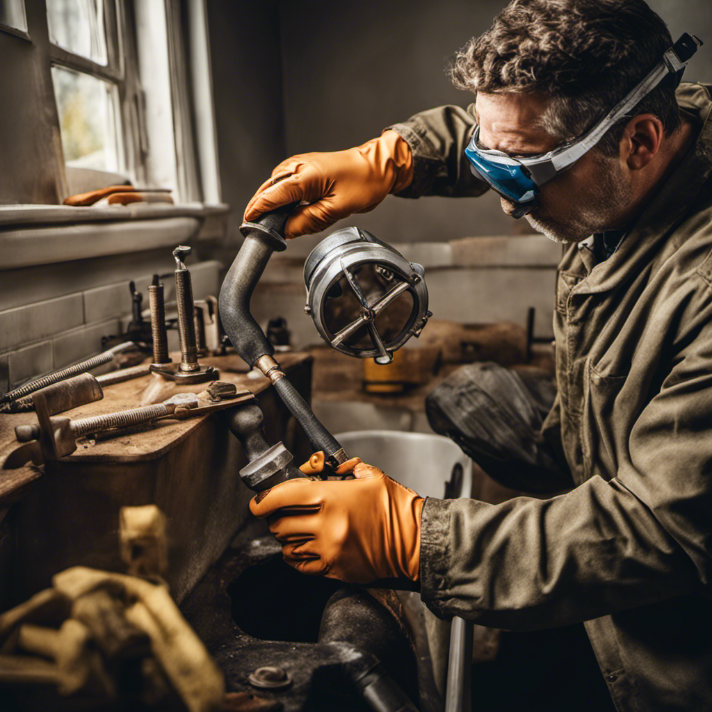 An image showcasing a pair of gloved hands wearing safety goggles, holding a wrench and a pipe cutter, while demonstrating the step-by-step process of fixing a broken bathtub