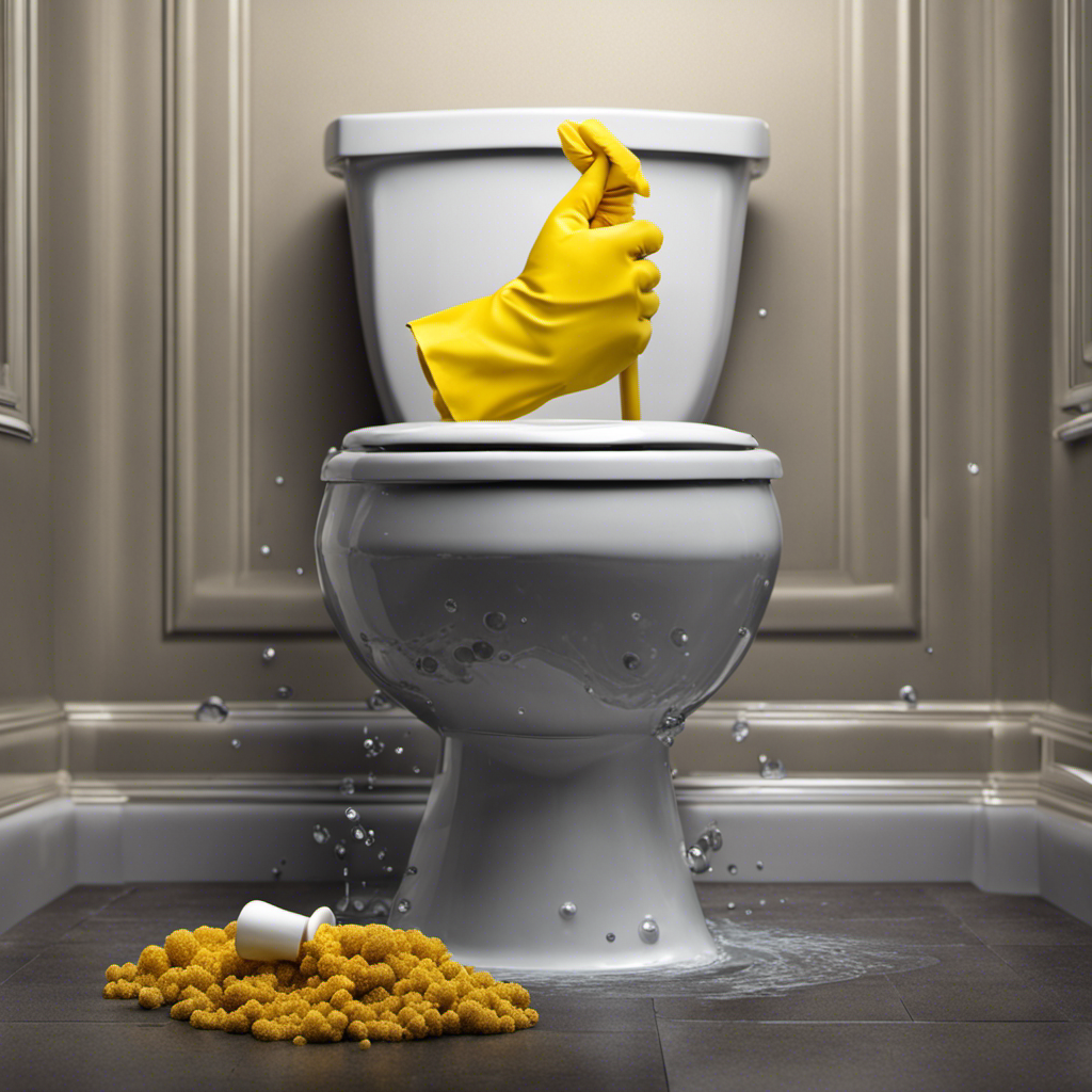 An image depicting a hand wearing yellow rubber gloves, holding a plunger, positioned above a toilet bowl with bubbling water