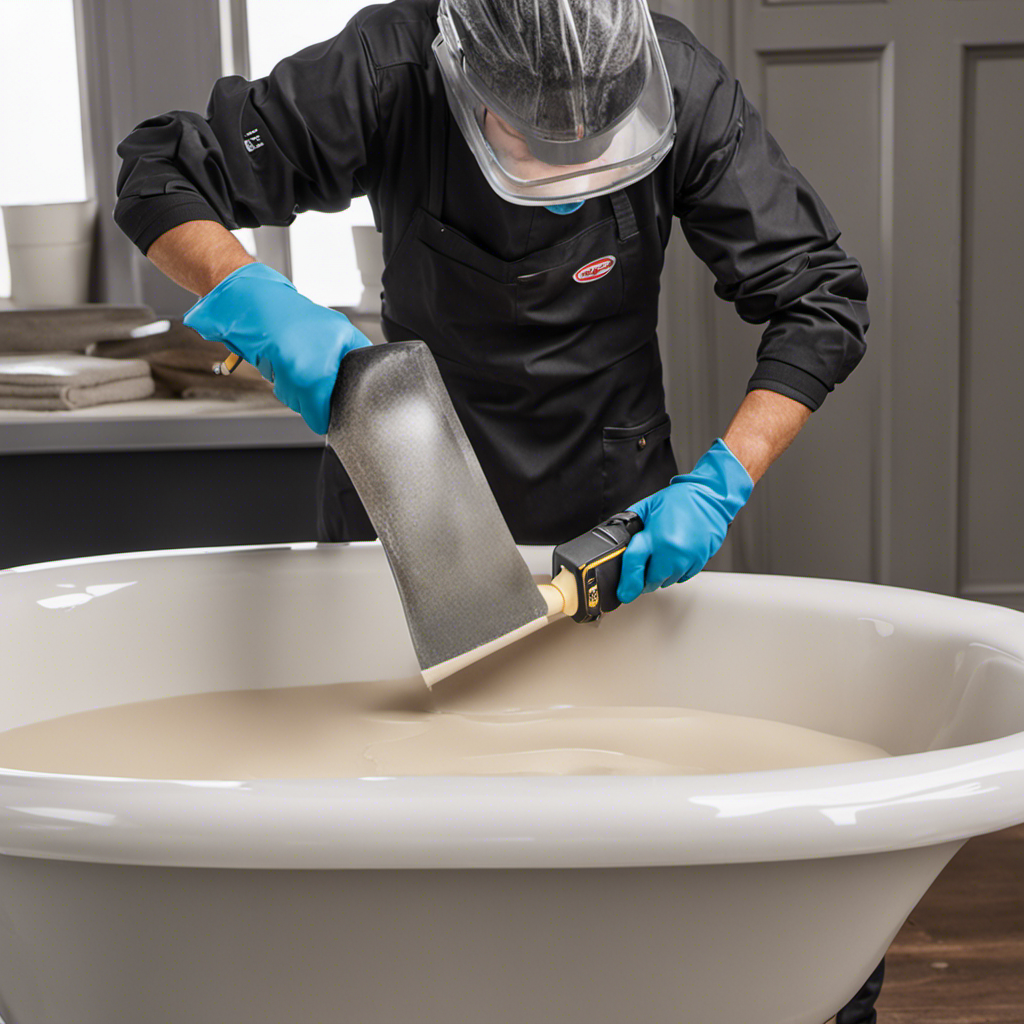 An image showcasing a person wearing gloves, gently sanding a chipped bathtub
