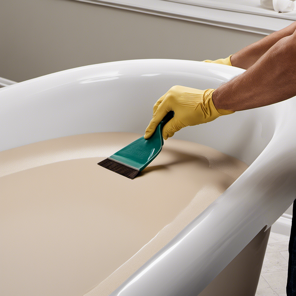 An image showcasing the step-by-step process of preparing a chipped bathtub surface: capturing the use of sandpaper to smooth the edges, applying a primer, and meticulously cleaning the area to ensure a flawless repair