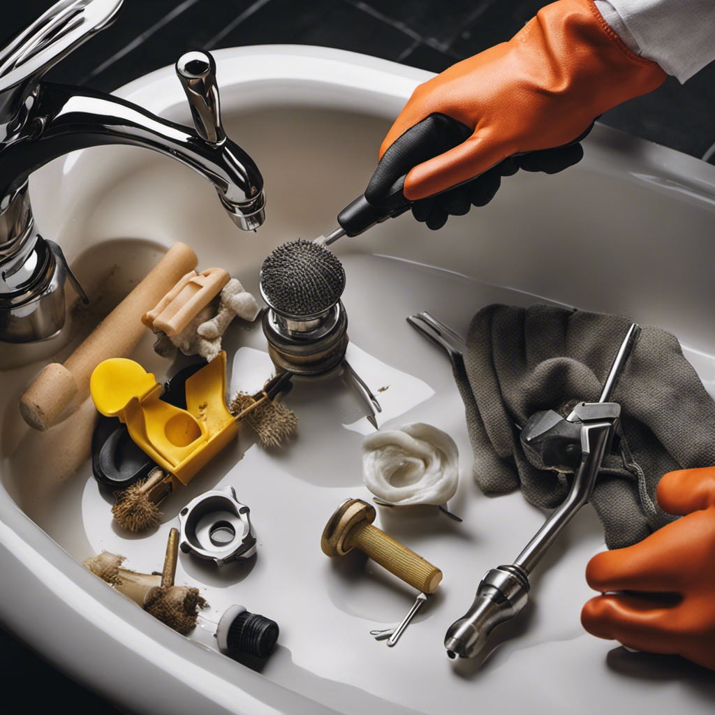 An image showcasing a pair of gloved hands dismantling a clogged bathtub drain