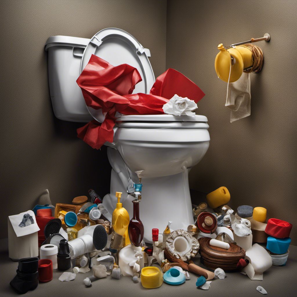 An image capturing a person wearing rubber gloves, holding a plunger and leaning over a clogged toilet