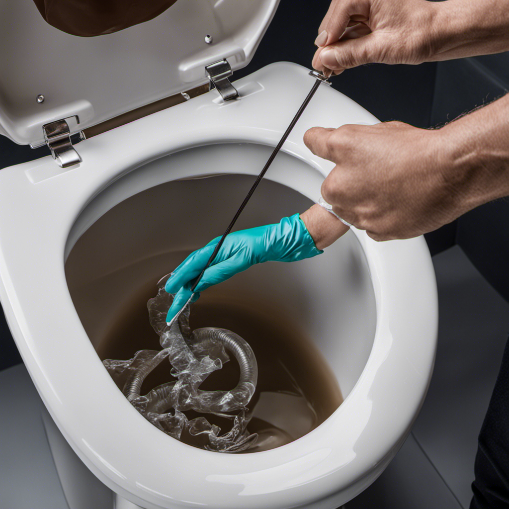 An image that showcases a person wearing rubber gloves, using a bent wire hanger to gently maneuver a clog in a toilet