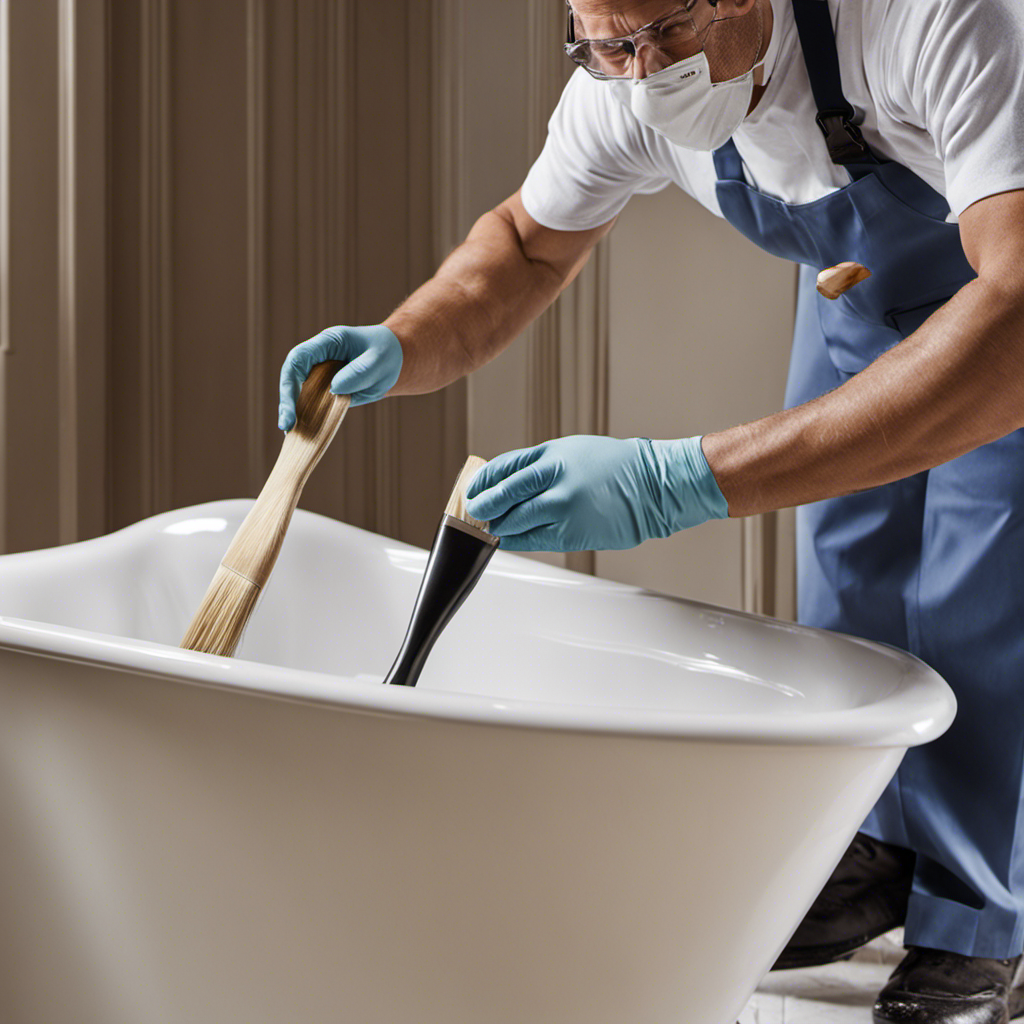An image depicting a skilled hand meticulously sanding the cracked surface of a bathtub, followed by a close-up view of a paintbrush delicately applying a smooth, flawless coat of glossy enamel paint to the refurbished bathtub