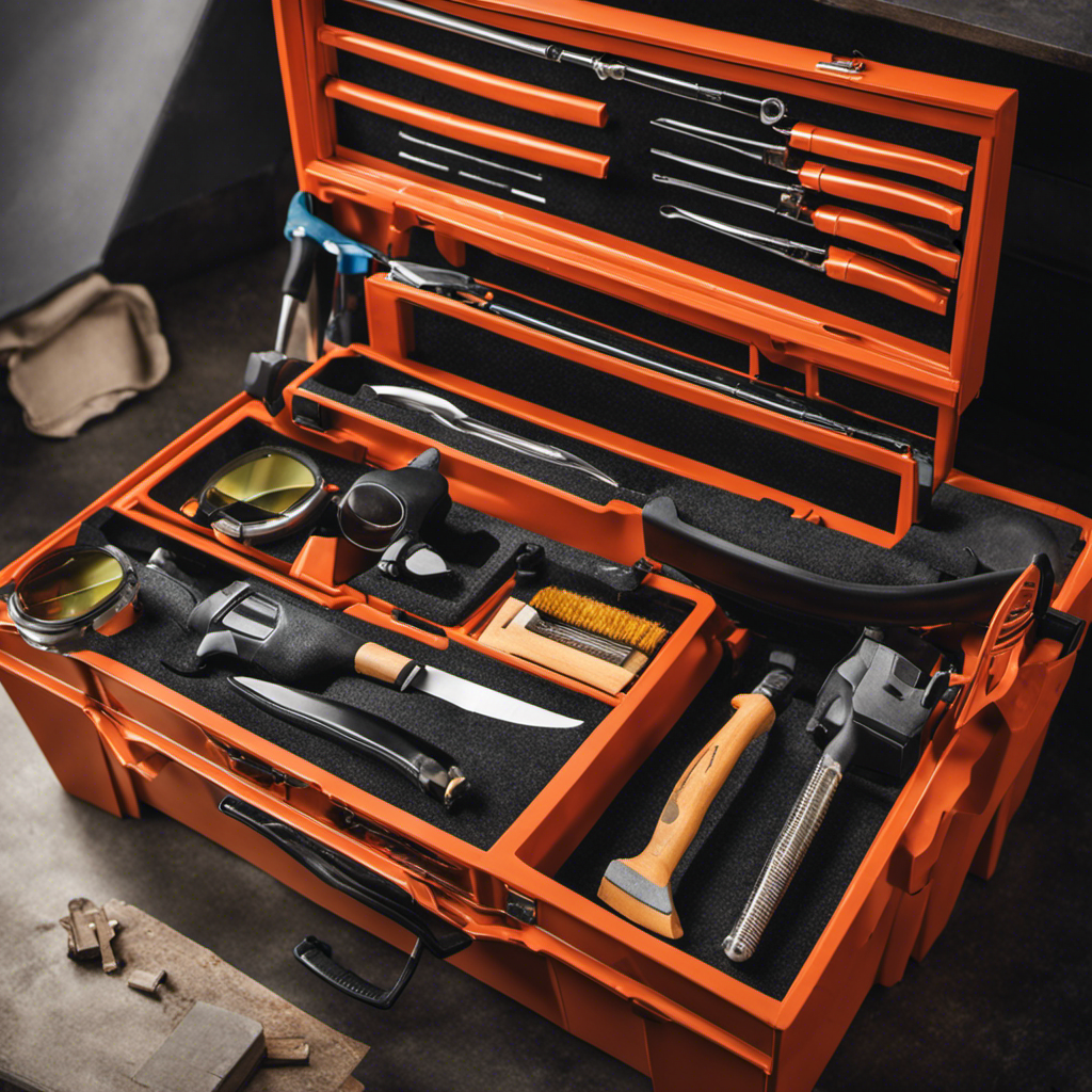 An image showcasing a well-organized toolbox with essential materials like epoxy putty, sandpaper, safety goggles, and a scraper