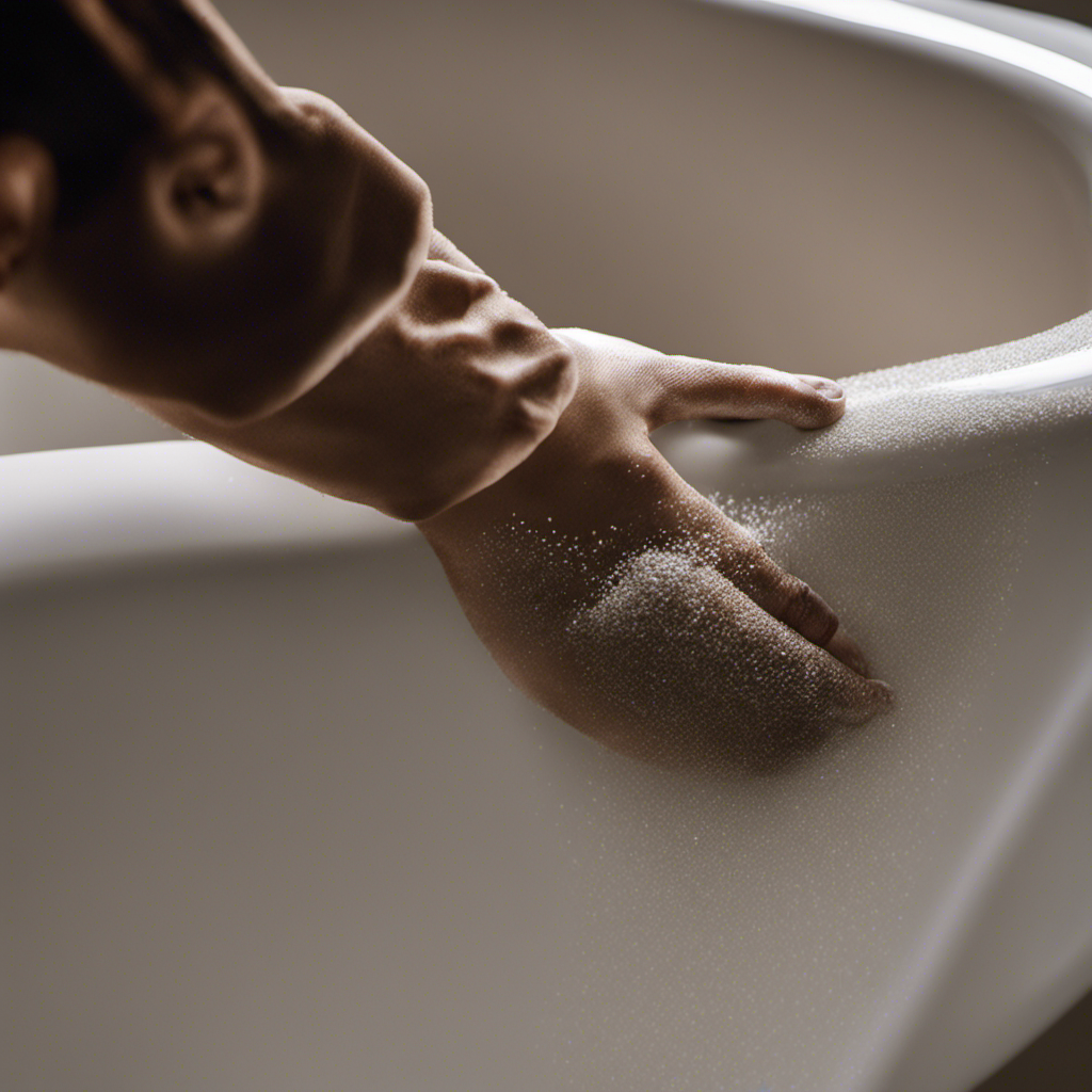 An image showcasing a close-up view of a hand delicately sanding the patched area of a cracked bathtub