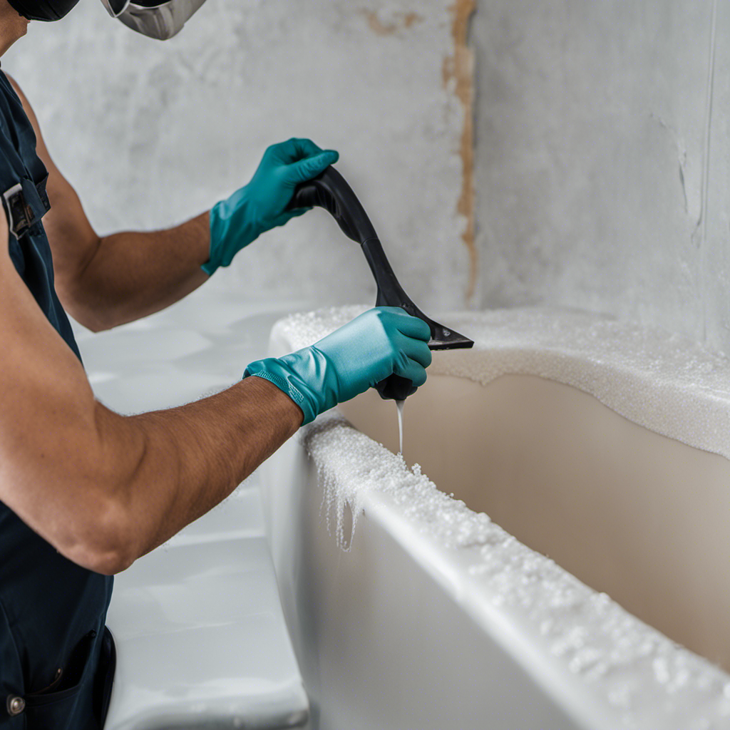 An image capturing the process of preparing a bathtub surface for crack repair: showcasing a person wearing gloves, sanding the cracked area, removing loose particles, and cleaning it thoroughly before applying any repair materials
