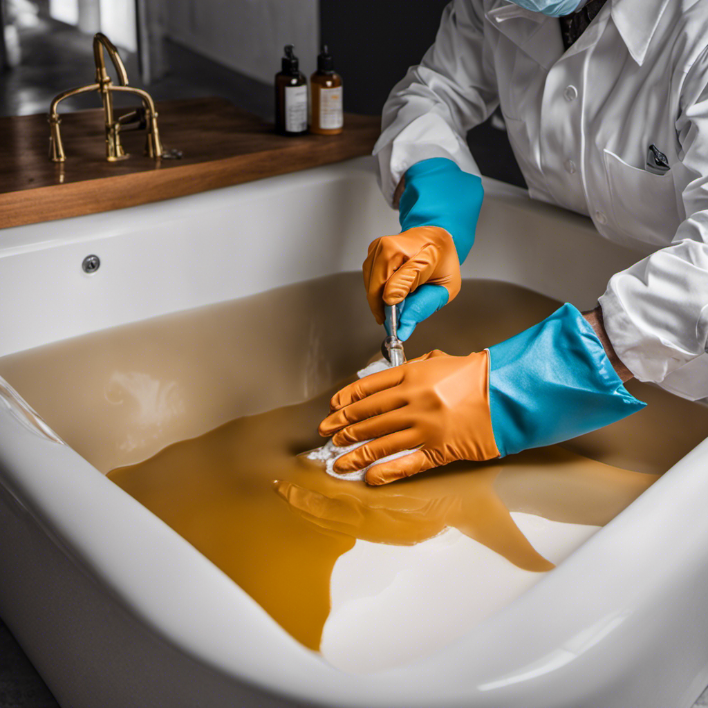 An image showcasing a pair of gloved hands applying a thick layer of epoxy resin onto a clean, dry bathtub surface, seamlessly blending it in to repair a visible crack