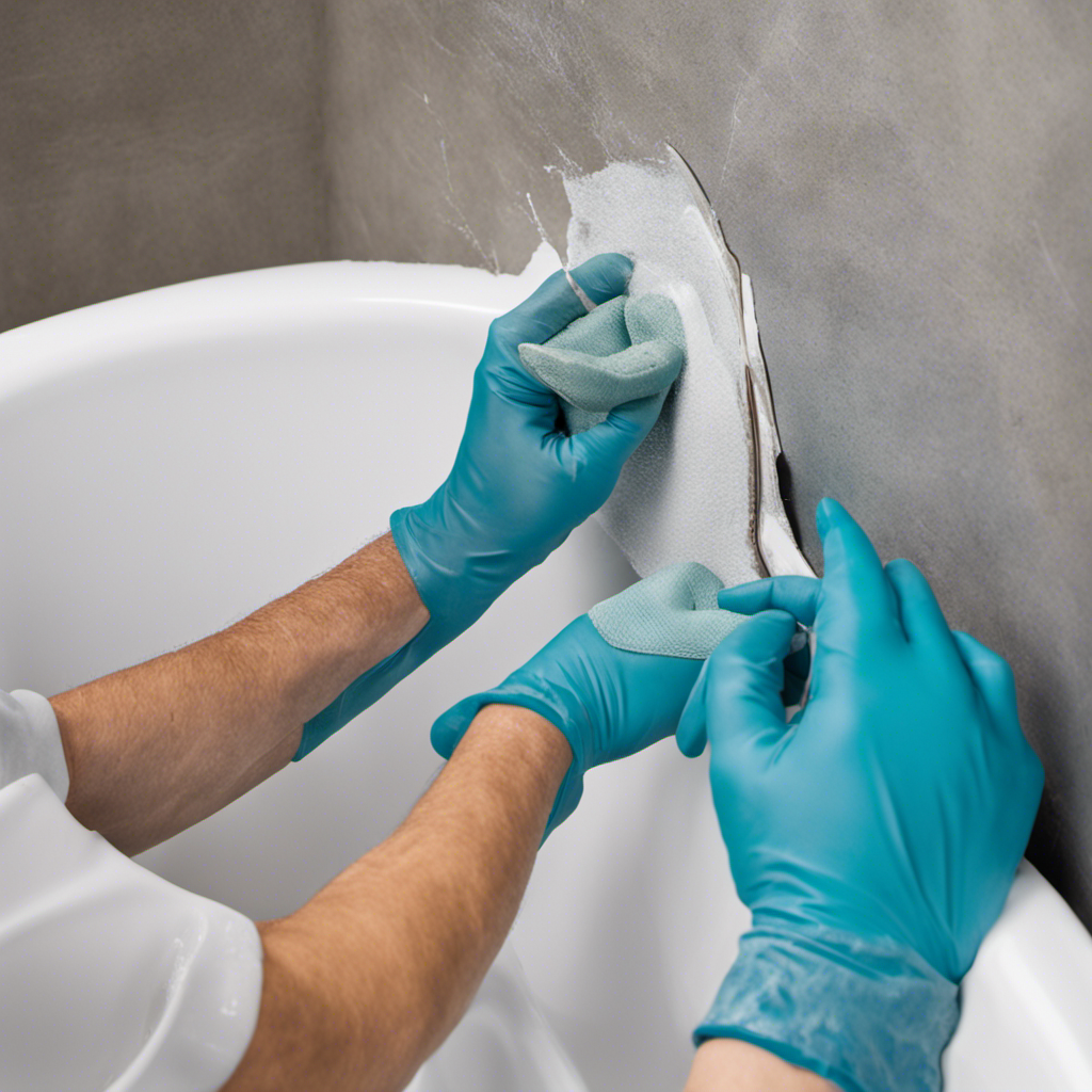 An image depicting a step-by-step guide to applying the patching compound on a crack in a bathtub
